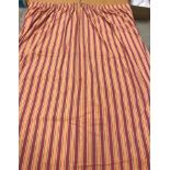 A pair of moire silk pink and coral striped lined curtains with taped pencil pleat headings,
