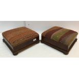 A pair of oak framed upholstered foot stools on squat bun feet 34 cm square x approx.