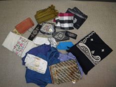 A box containing various evening bags to include a chainmail style evening bag, spectacles case,