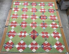 A mid 20th Century broken plate pattern type quilt with some earlier fabrics, 167 cm x 205 cm,