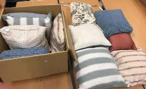 Two boxes of assorted scatter cushions in duck egg blue and terracotta