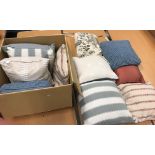 Two boxes of assorted scatter cushions in duck egg blue and terracotta