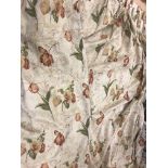 A pair of cotton type gold ground floral decorated lined curtains with fixed triple pencil pleat