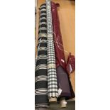 Three rolls of fabric to include a Romo mulberry coloured chenille type approximately 17 metres,