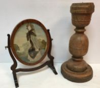 A 19th Century mahogany and inlaid oval dressing mirror with painted and silk needlework panel