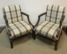 A pair of modern beech framed Gainsborough type armchairs with check upholstered back and seat and