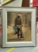 CLARE GRANGER "Man on a bike (India)" oil on canvas 70 cm x 60 cm, signed lower left,