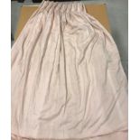 Two pairs of damask type pink interlined curtains with fixed triple pencil pleat headings,