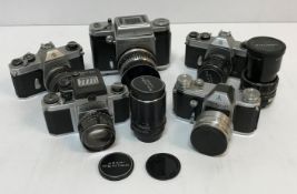 A collection of five Asahi Pentax cameras including Pentacon Six TL, Spotmatic, S3, SPF and F,