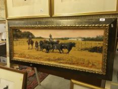 ENRIQUE PASTOR "Caballeros and cattle", oil on canvas, signed lower right, 35 cm x 100 cm,