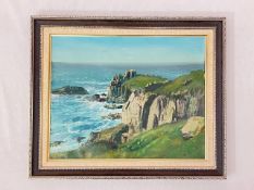 Painting 'Craggy Cliffs at Lands End'. Artist's signature is indescipherable. 52cm x 62cm.