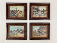 Set of 4 beautifully framed English Fox Hunting wall hangings. Each is 24cms x 29cms. Donated by