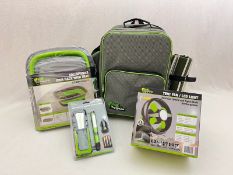 Paul Wakeling Motors Ironman 4x4 camping kit comprising backpack with picnic utensils and blanket,
