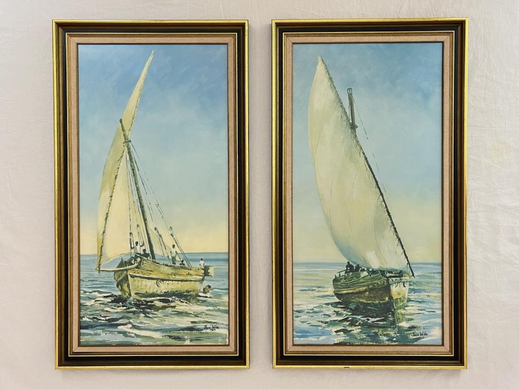 Two framed prints of 'Arab Dhows in Kenya' by Jack Wilde 1969. Each is 85cm x 47cm.