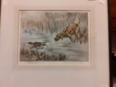 AFTER HENRY WILKINSON "Long haired Pointer and Mallard Drake quarry", coloured etching,