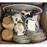 Five boxes of assorted china wares to include Copeland Spode "Chinese Rose" part dinner service,