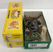 A box of assorted painted lead toys to include Britains and J Hill & Co including pigs, turtle,