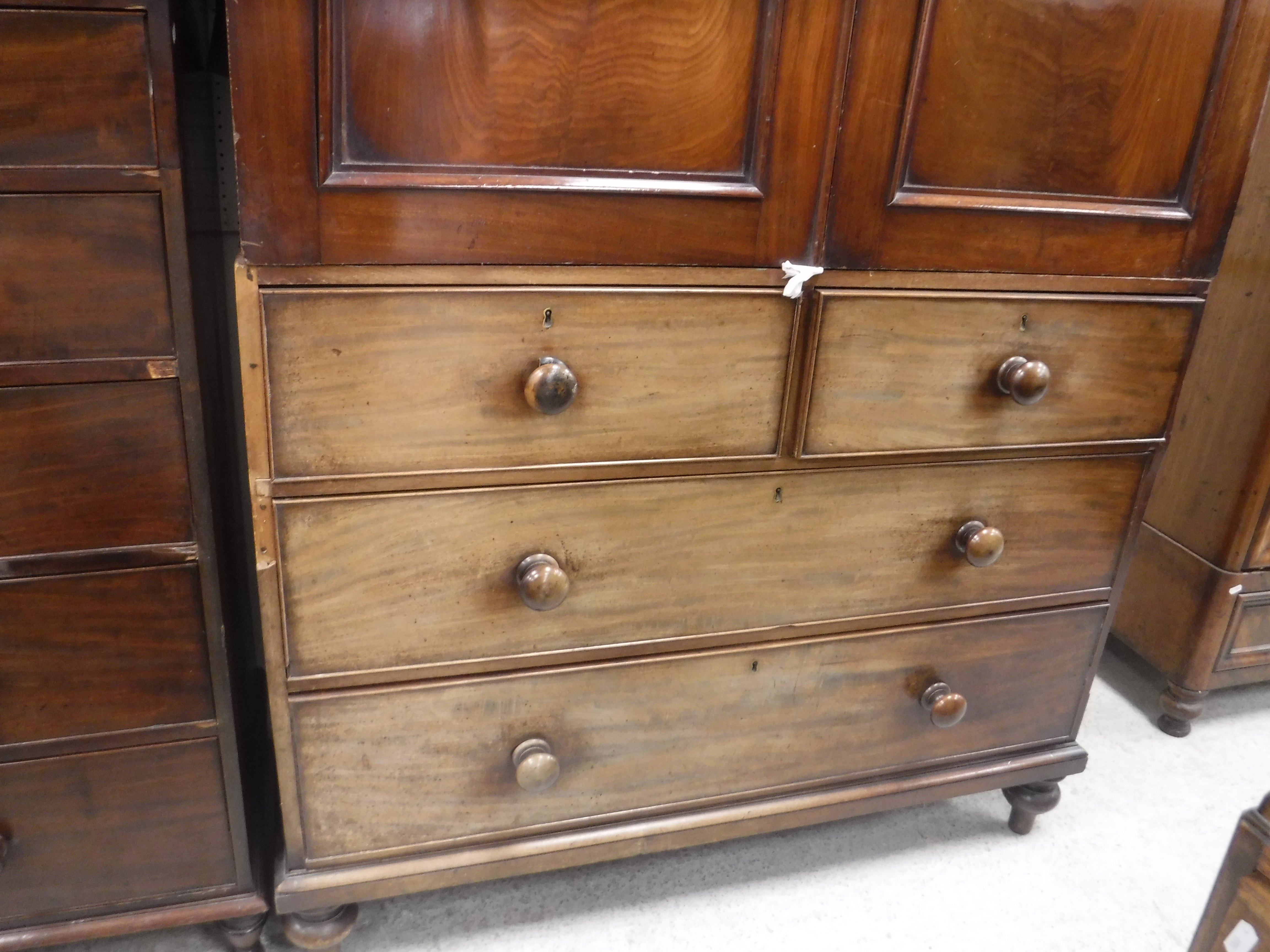 A Victorian mahogany linen press (marriage) the plain top of two sliding cupboard doors above a - Image 4 of 14