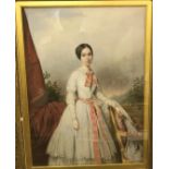 19TH CENTURY ENGLISH SCHOOL "Young lady in white dress with pink bow and sash stood by a verandah