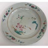 A pair of Chinese famille rose palette chargers decorated with hooded cranes and blossoming foliage,