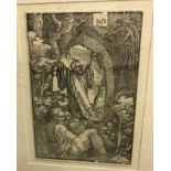 ISP “A Saint in an archway, another figure in foreground “, black and white etching,