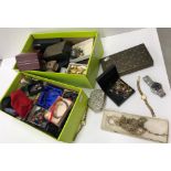 Two boxes of assorted costume jewellery, watches,