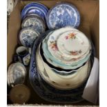 A box of assorted decorative china wares to include Royal Crown Derby tea plates,