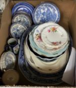 A box of assorted decorative china wares to include Royal Crown Derby tea plates,