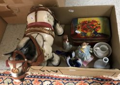 Two boxes of sundry decorative wares to include two USSR Lomonsov bird figures,