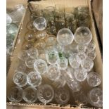 Three boxes of assorted glassware to include sundae dishes, wine glasses, jug,