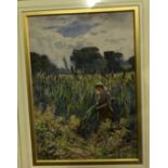 JOSEPH KIRKPATRICK (1872-1936) "Farm girl harvesting reeds or bullrushes", watercolour,