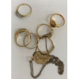 A collection of three 18 carat gold rings, one set with diamonds,