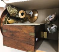 A box containing a Victorian mahogany brass bound hinge lidded box together with three Nao figures,