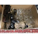 Two boxes of assorted china wares, metal wares,