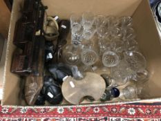 Two boxes of assorted china wares, metal wares,