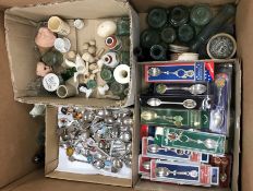 Three boxes of assorted glass lemonade bottles, stone bottles, pipe bowls, collectors' spoons, etc,