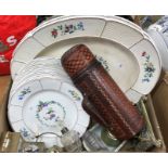 A box containing a collection of Wedgwood dinner wares, a modern brass Harwood carriage clock,