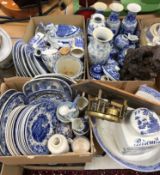 Seven boxes of assorted blue and white china to include a large quantity of various "Willow"