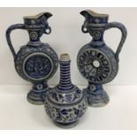 Two similar Westerwald-Mettlach type blue vases / jugs, 37 cm high,