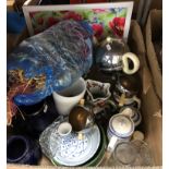 Three boxes of assorted sundry china and miscellaneous wares to include a J & G Meakin coffee set,