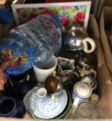 Three boxes of assorted sundry china and miscellaneous wares to include a J & G Meakin coffee set,