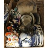 A collection of decorative china wares to include various Staffordshire flat back figures and spill