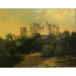 19TH CENTURY ENGLISH SCHOOL "Windsor Castle with horse and rider with hound on a pathway in