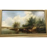 GEORGE VICAT COLE (1833-1893) “Cattle watering in river landscape with barge in background”,