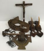 A collection of French items to include leather cartridge belt, a pair of antler mounted hooks,