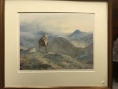 AFTER ARCHIBALD THORBURN "Baying stag in Highlands", colour print, limited edition No'd.