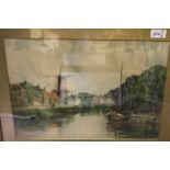 AFTER LOUIS BURLEIGH BRUHL (1861-1942) “River scene with windmill”, lithograph,