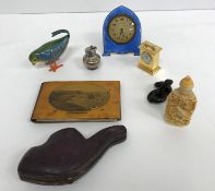 A box containing assorted sundry items to include a set of four modern hardwood netsuke,