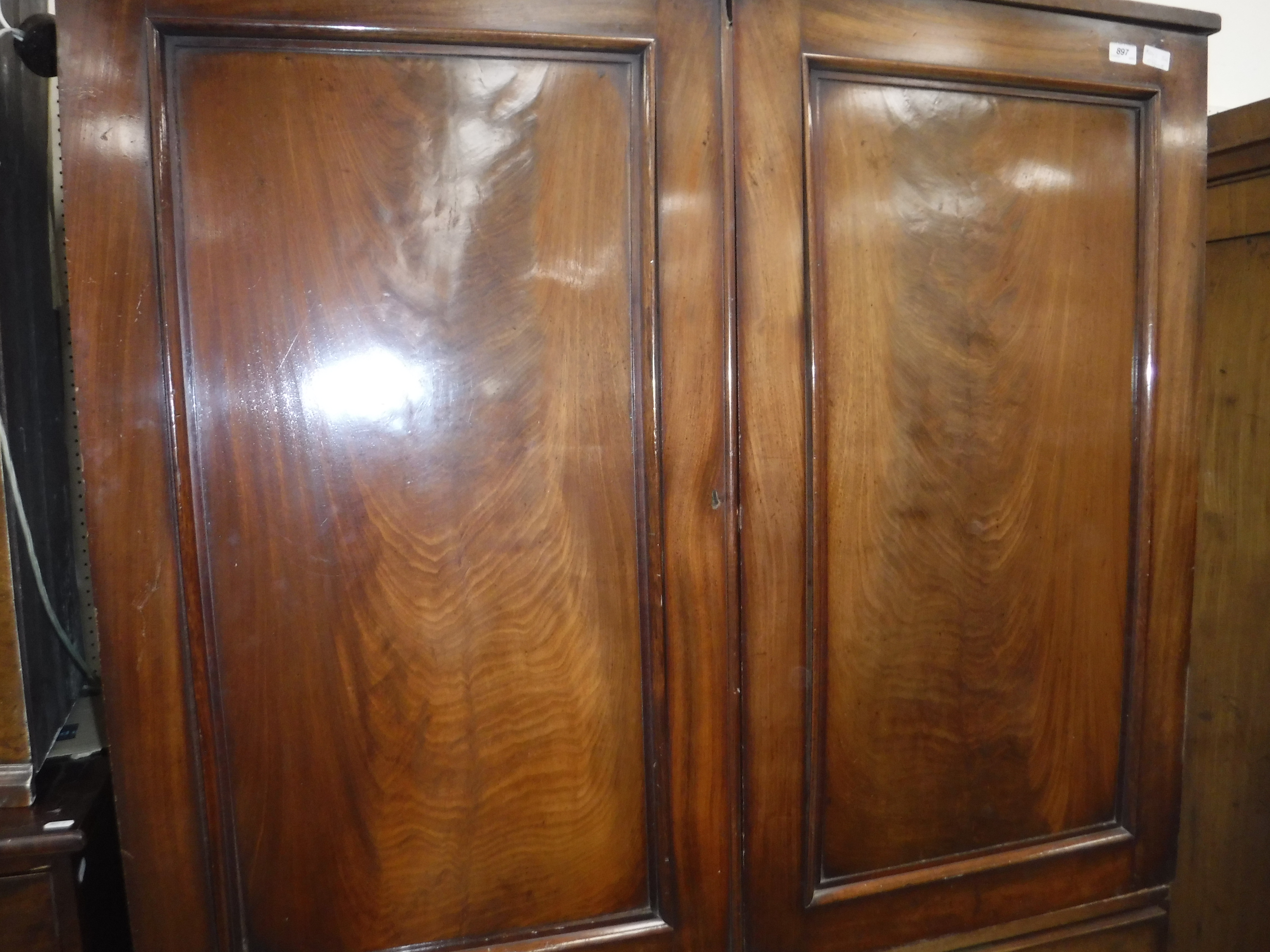 A Victorian mahogany linen press (marriage) the plain top of two sliding cupboard doors above a - Image 14 of 14