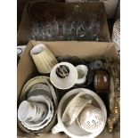 Two boxes of sundry china and glassware to include a Royal Creamware chestnut basket and plate